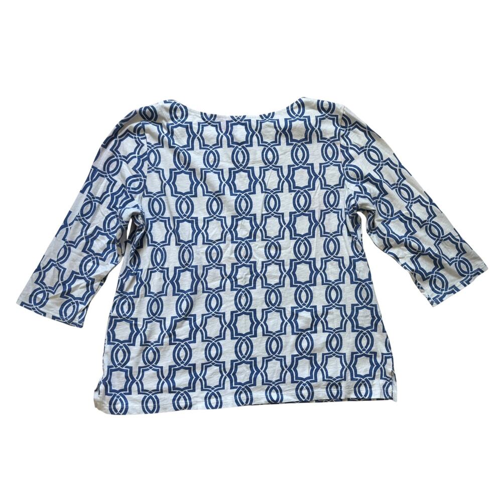 Chicos Geometric Cotton Top Boatneck Size 2 Large 3/4 Sleeve Preppy